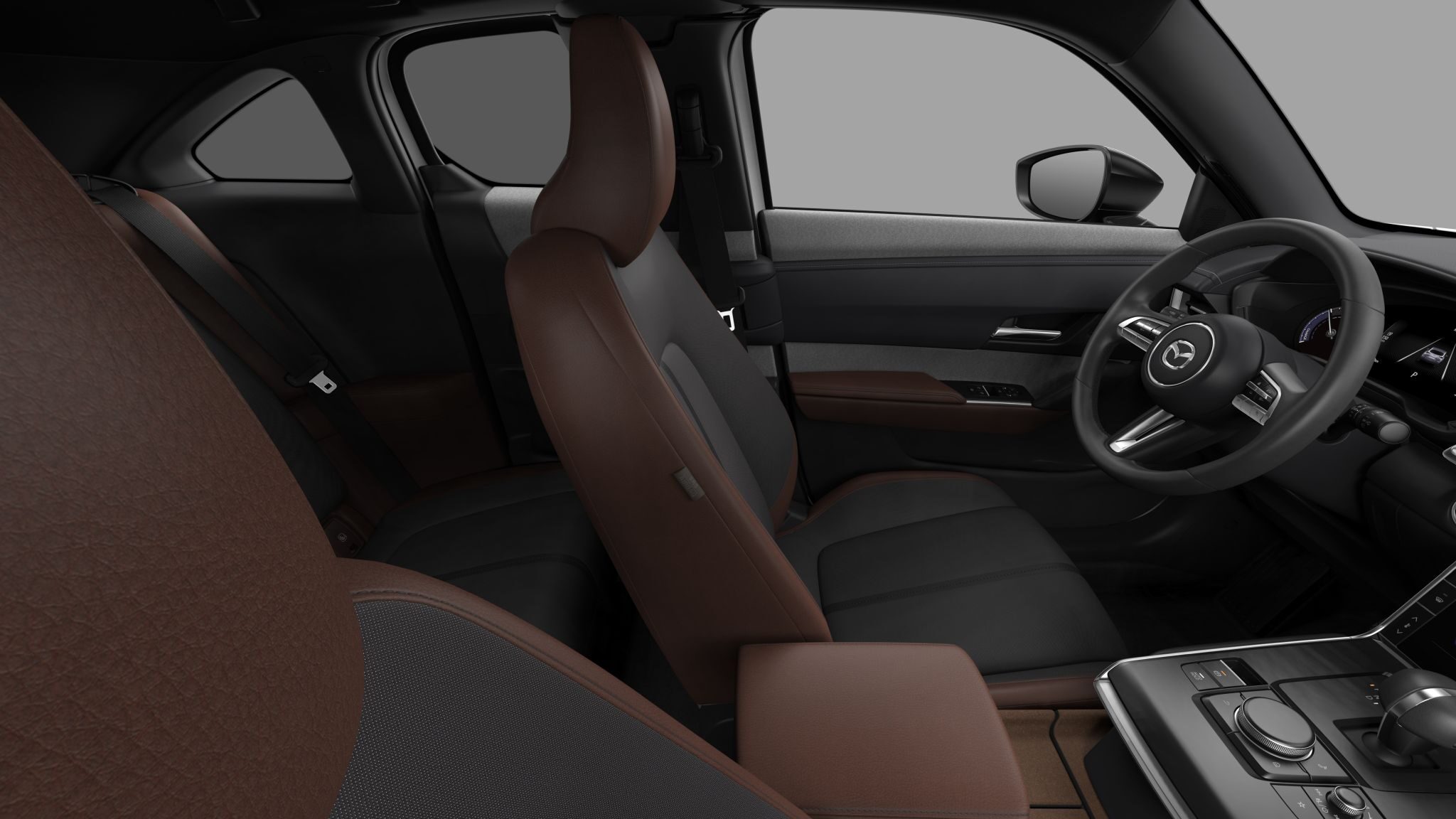 Mazda MX-30 Interior in Brown and Black Two-Tone Upholstery