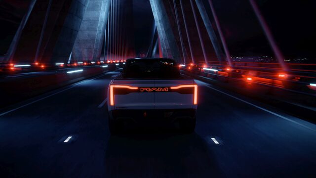 RAM 1500 Revolution Concept Rear View Driving on Bridge