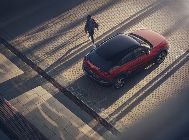Mazda MX-30 Overhead Rear View on Brick Pavement