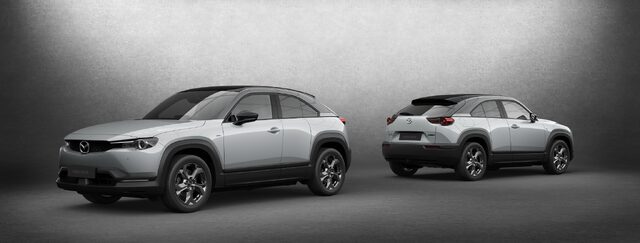 Mazda MX-30 Front and Rear Three-Quarter Views in Ceramic Metallic