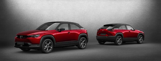 Mazda MX-30 Front and Rear Three-Quarter Views in Soul Red Crystal