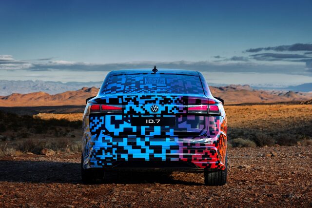 2024 Volkswagen ID.7 Concept rear view with digital camouflage wrap in desert