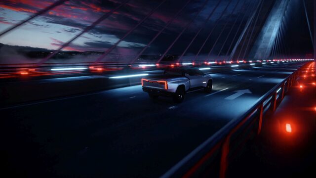 RAM 1500 Revolution Concept Rear Wide Shot Bridge at Dusk