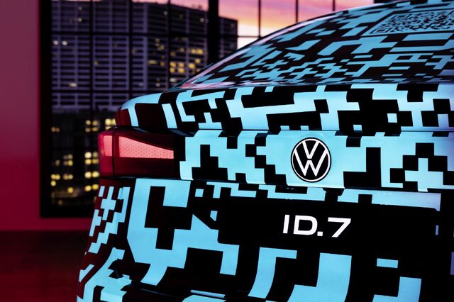 2024 Volkswagen ID.7 Concept rear badge close-up at twilight