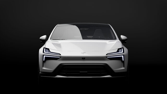 Polestar 4 Studio Front View in White with LED Headlights