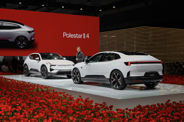 Polestar 4 and Polestar 3 on Stage with Polestar 4 Banner