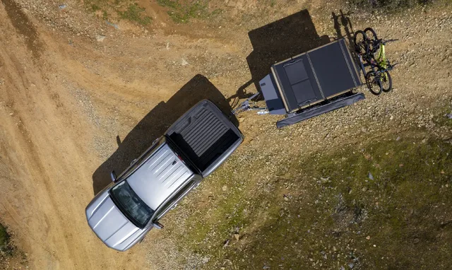 2024 Ford Ranger Aerial View with Trailer and Mountain Bikes