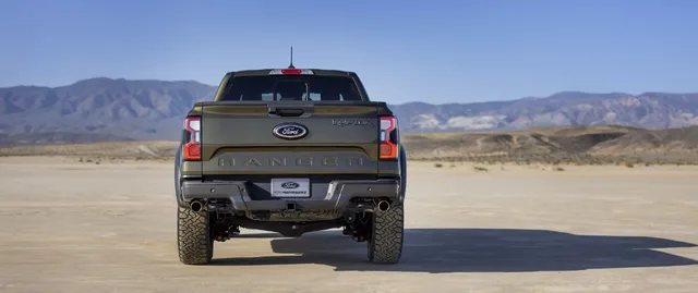 2024 Ford Ranger Raptor rear view on desert dry lake