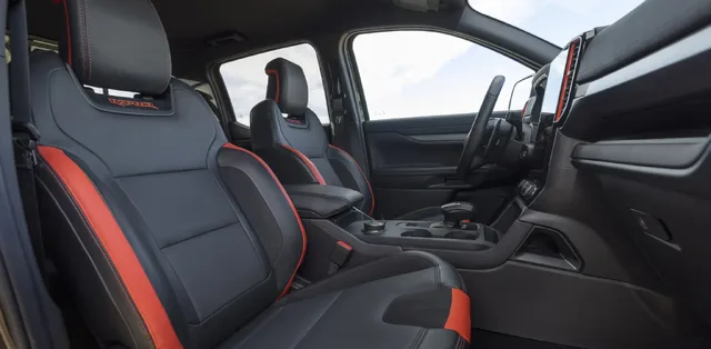 2024 Ford Ranger Raptor front seats with orange accents