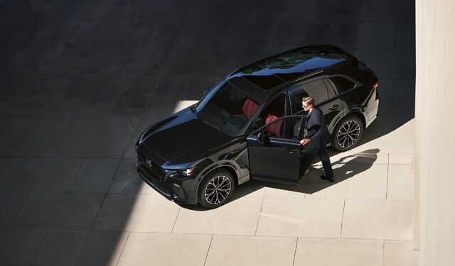 2025 Mazda CX-70 overhead view with panoramic moonroof and red interior