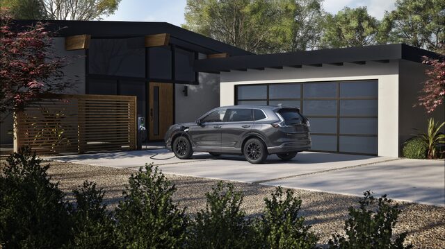 2025 Honda CR-V e:FCEV Gray Rear Three-Quarter Charging at Home