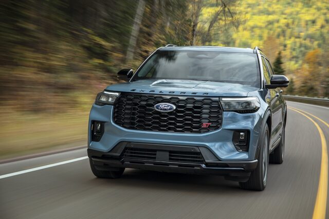 2025 Ford Explorer ST front grille and headlights closeup while driving