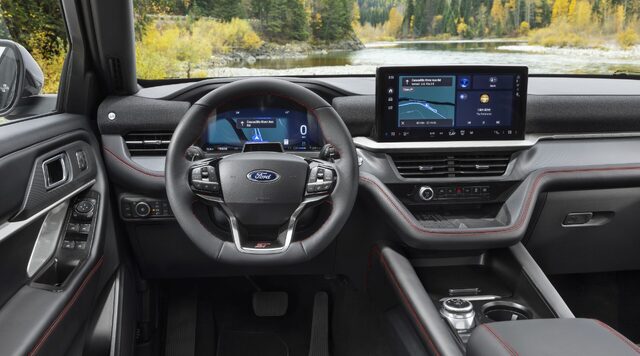 2025 Ford Explorer ST dashboard and steering wheel with red stitching detail