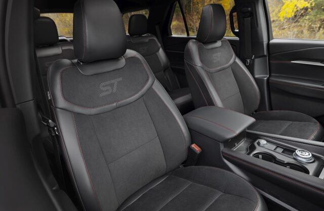 2025 Ford Explorer ST front seats with ST-branded suede inserts