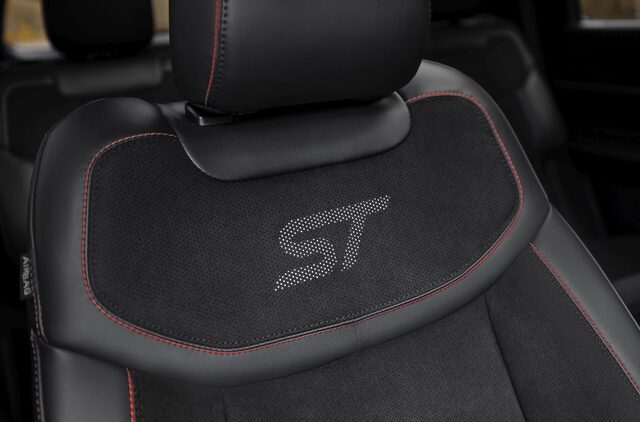 2025 Ford Explorer ST seat headrest with perforated ST logo closeup