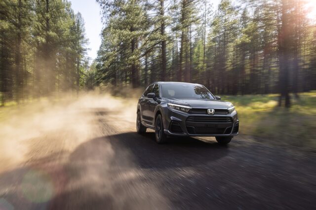2025 Honda CR-V e:FCEV Gray Driving on Dirt Trail in Forest