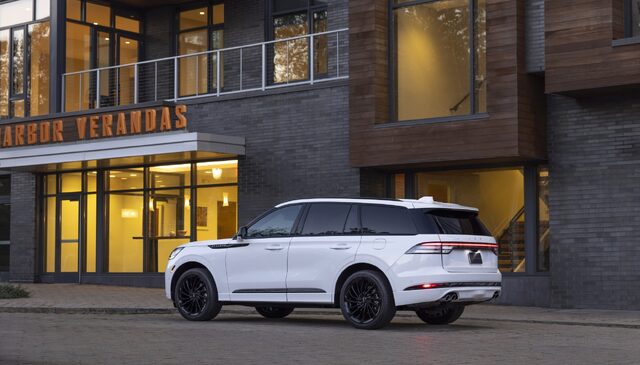 2025 Lincoln Aviator rear three-quarter view in white