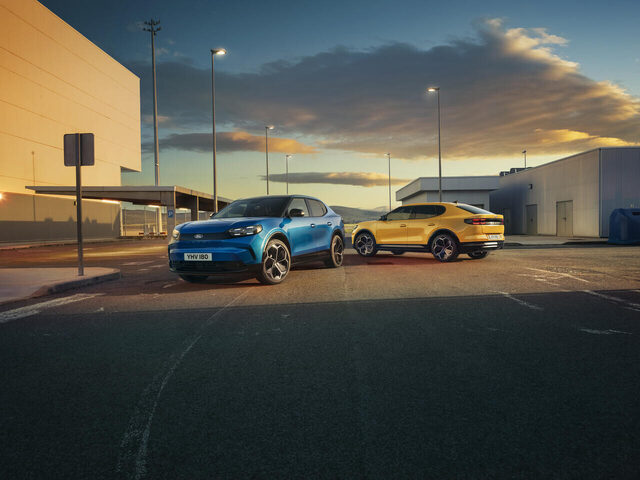 2024 Ford Capri duo in Blue and Vivid Yellow at twilight