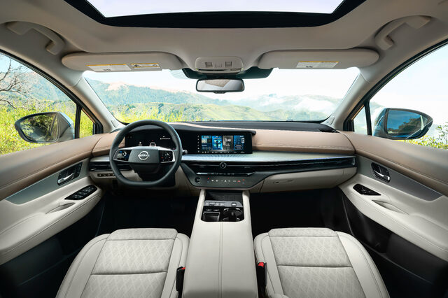 2025 Nissan Murano full interior view with panoramic moonroof and mountains