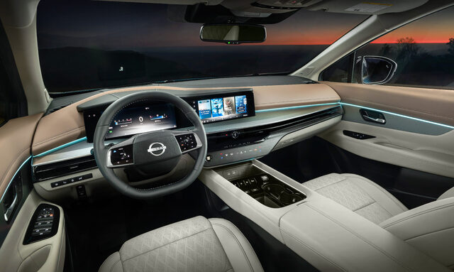 2025 Nissan Murano dashboard and infotainment at night with ambient lighting