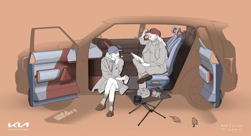 Kia EV2 Concept Art showing center open doors and interior