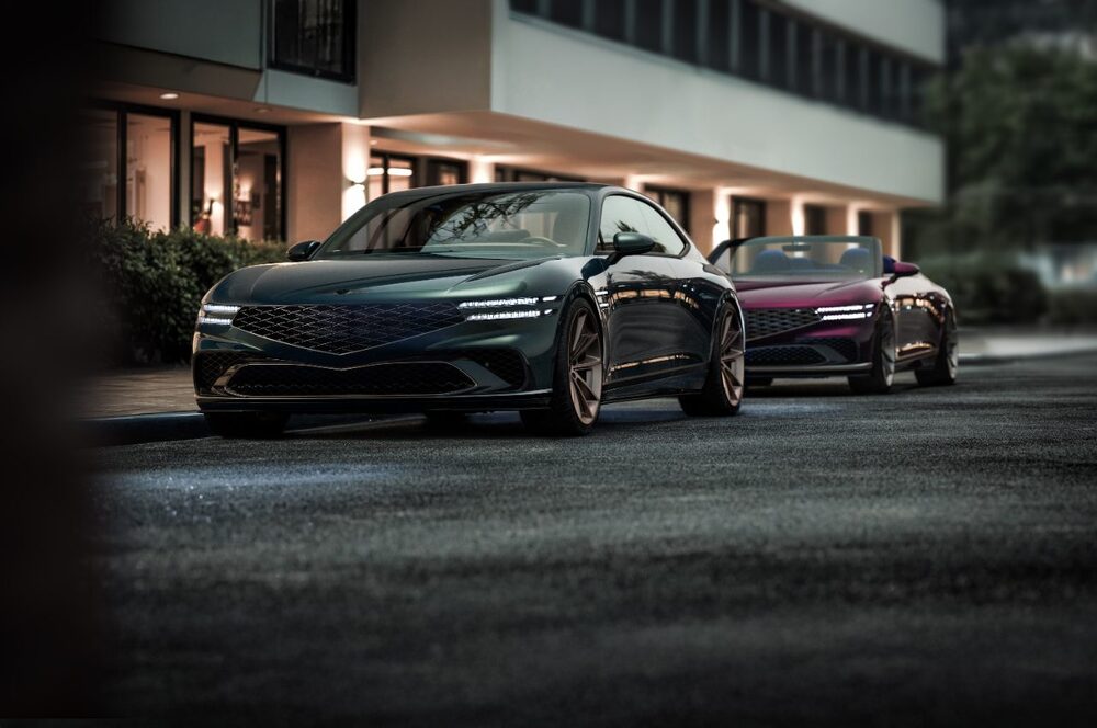 Genesis Coupe and Convertible Concept from the front, parked in a row.