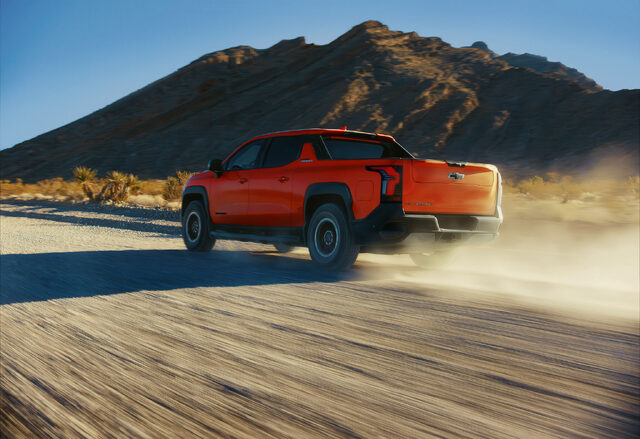 2026 Chevrolet Silverado EV Trail Boss Rear Three-Quarter in Desert Dust