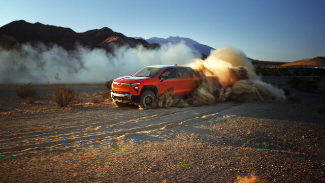 2026 Chevrolet Silverado EV Trail Boss Sideways Through Desert Sand