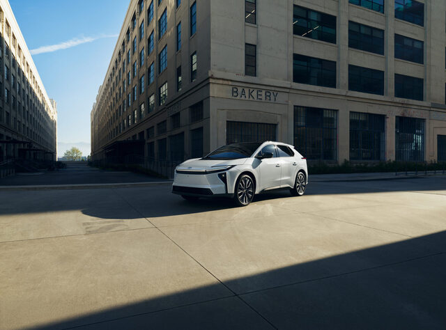 2026 Toyota bZ Front Three-Quarter View in White in Urban Setting