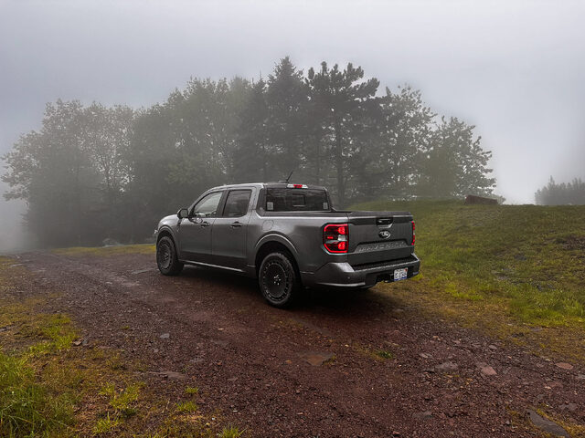 2025 Ford Maverick Lobo Rear Three-Quarter View in Gray on Mountain Road
