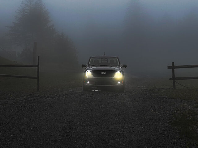 2025 Ford Maverick Lobo Front View Headlights On in Fog