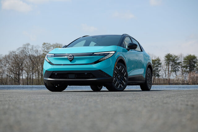 2026 Nissan LEAF Front Three-Quarter on Track