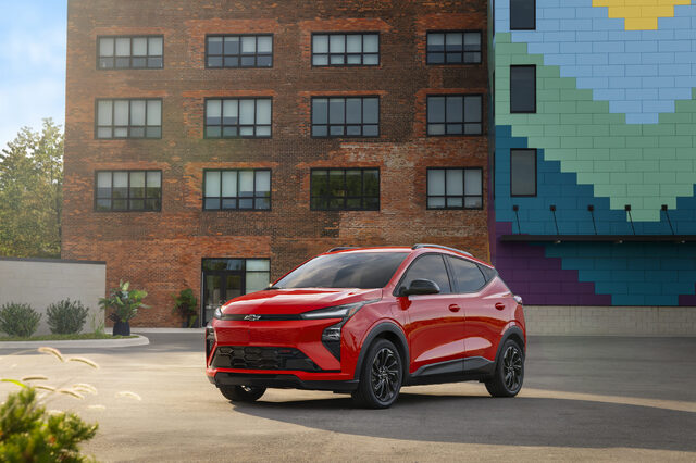 2027 Chevrolet Bolt Front Three-Quarter View in Red