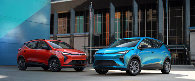 2027 Chevrolet Bolt Two-Car Lineup in Red and Blue