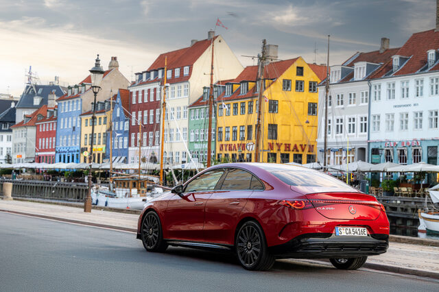 2026 Mercedes-Benz CLA EV Rear Three-Quarter at Nyhavn Copenhagen