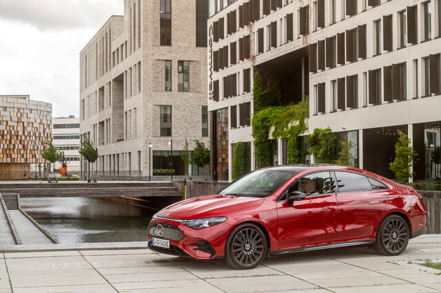 2026 Mercedes-Benz CLA EV Side Profile in Urban Setting