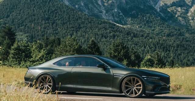 Genesis X Gran Coupe Concept Passenger Side Profile with Mountain Backdrop