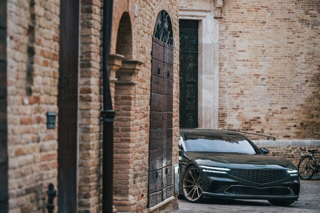 Genesis X Gran Coupe Concept Parked in Italian Brick Courtyard