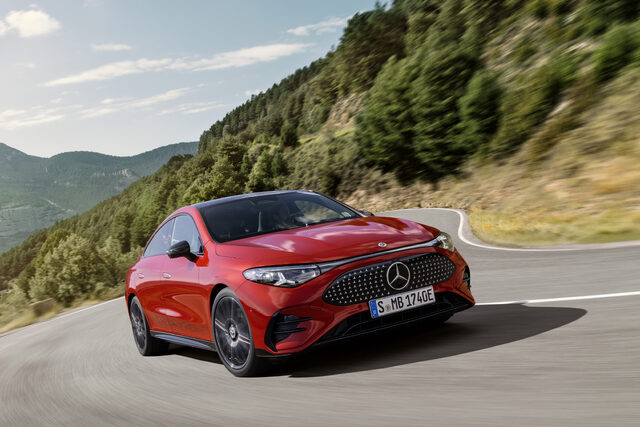 2026 Mercedes-Benz CLA EV Front Three-Quarter Action Shot on Mountain Road