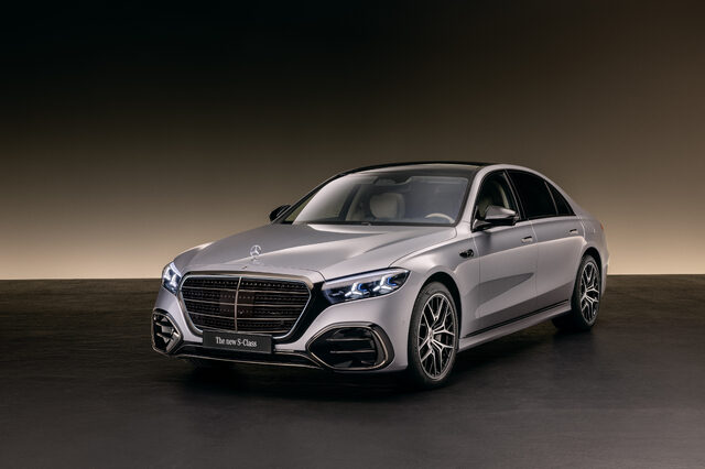 2027 Mercedes-Benz S-Class in Silver Studio Front Three-Quarter View