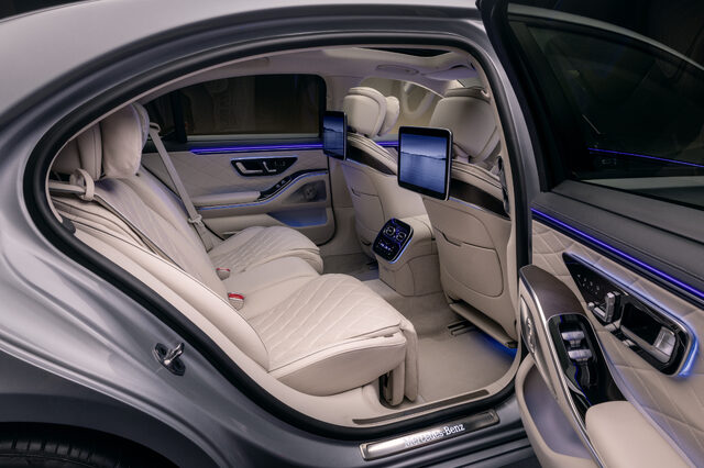 2027 Mercedes-Benz S-Class Rear Cabin with Ambient Lighting and Entertainment Screens
