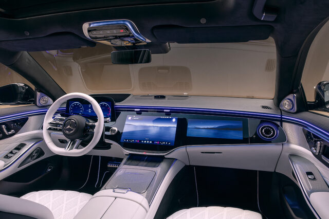 2027 Mercedes-Benz S-Class Wide Dashboard View with Ambient Lighting