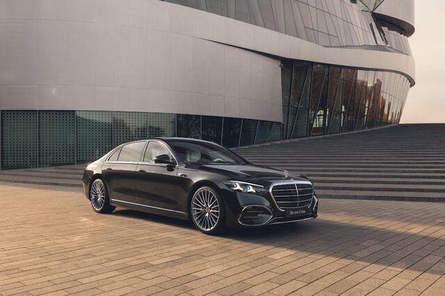 2027 Mercedes-Benz S-Class Front Three-Quarter View in Black