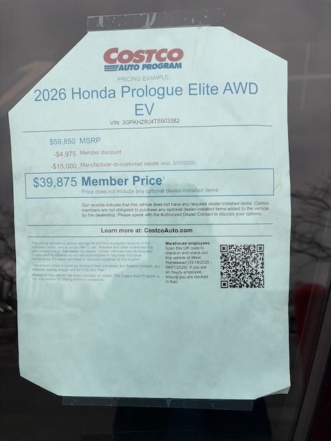 Costco Honda Prologue Deal Sheet