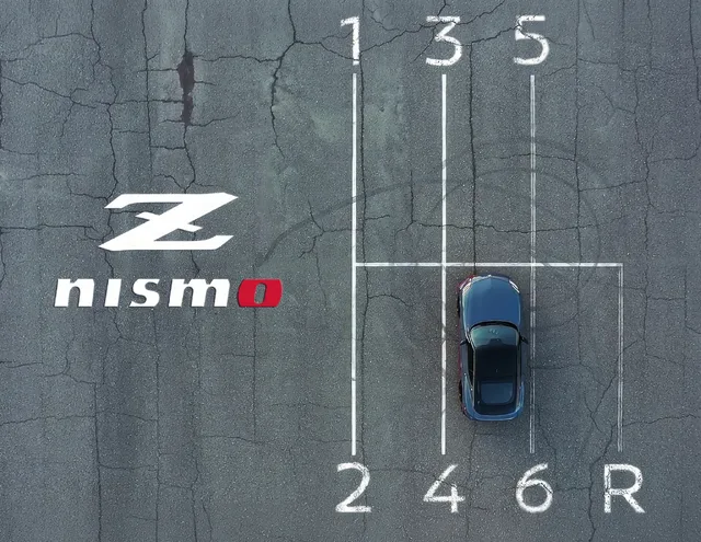 2027 Nissan Z NISMO Aerial View with 6-Speed Shift Pattern