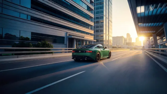 2027 Nissan Z Shinkai Green Pearl Metallic Rear Action Shot