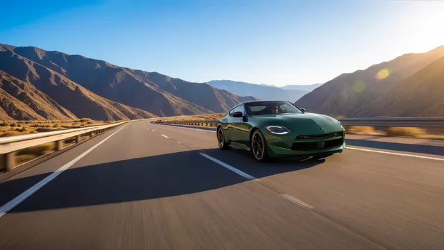 2027 Nissan Z Shinkai Green Pearl Metallic Front Action Shot in Desert Mountains