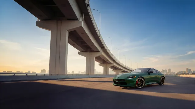 2027 Nissan Z Shinkai Green Pearl Metallic Front Three-Quarter Under Highway