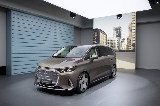 2027 Mercedes-Benz VLE MPV front three-quarter view in bronze with aero wheel covers