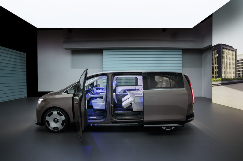 2027 Mercedes-Benz VLE MPV driver side profile with all doors open in bronze